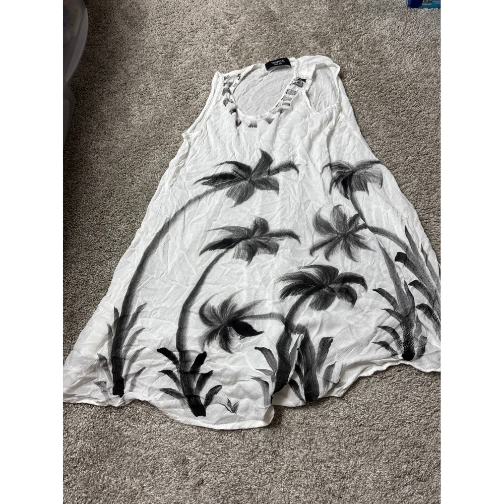 Tropical White Black Palm Tree Print Sleeveless Tank Dress Free Size Flowy